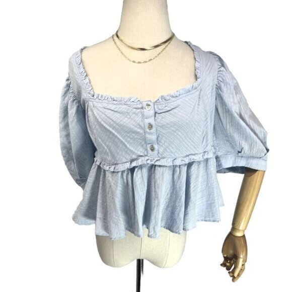 Free People Blue Crop Top Blouse Size XL Ruffle Smocked Puff S..Leave It To Me - Picture 3 of 10